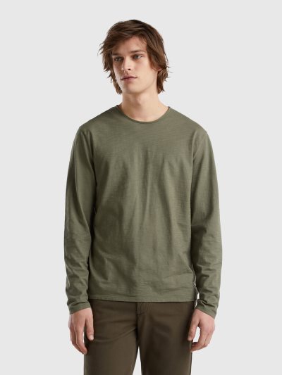 Military Green Men's Benetton Long Sleeve 100% Cotton T Shirts | AU285065