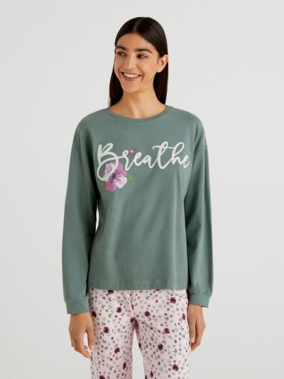 Military Green Women's Benetton Warm Stretch Cotton Print T Shirts | AU942375