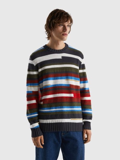Multi-color Men's Benetton Multicolored Stripes Crew Neck Sweaters | AU316342