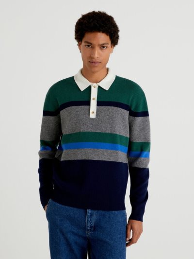 Multi-color Men's Benetton Striped Knit Crew Neck Sweaters | AU873919