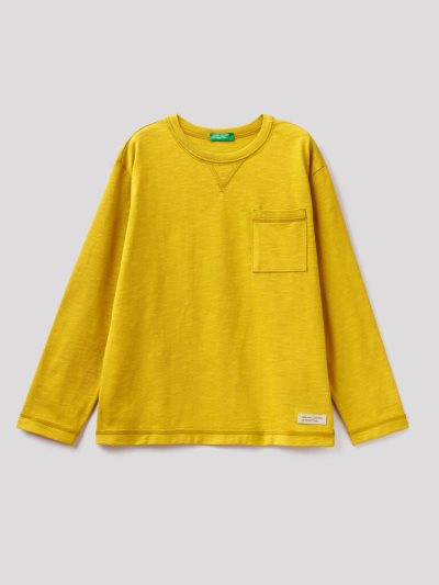 Mustard Kids' Benetton Breast Pocket Organic Cotton Long Sleeve T-shirts | AU617206