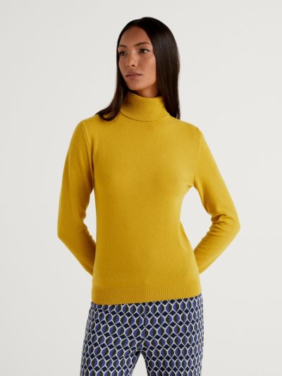 Mustard Women's Benetton Pure Merino Wool Turtleneck High Neck Sweaters | AU207098