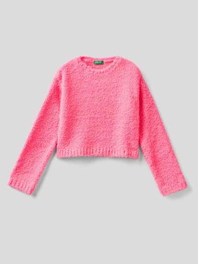 Neon Pink Kids' Benetton Cropped Neon Pink Bouclé Look Sweaters | AU696571