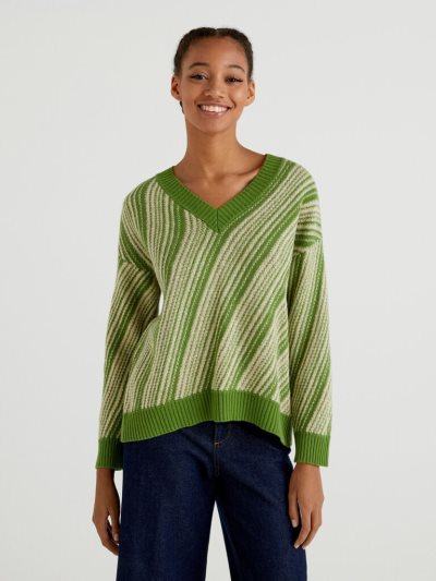 Olive Green Women's Benetton Jacquard V-neck Sweaters | AU102408