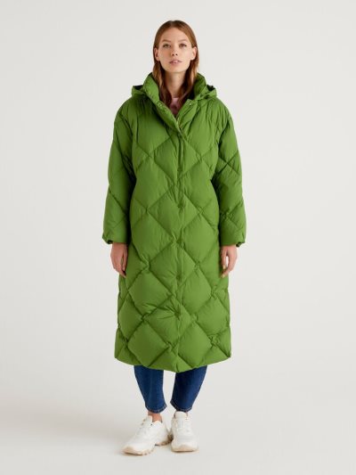 Olive Green Women's Benetton Long Puffer Recycled Feathers Jackets | AU820557