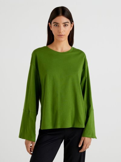 Olive Green Women's Benetton Wide Sleeve Long Fiber Cotton Long Sleeve T-shirts | AU197402