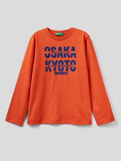 Orange Kids' Benetton Warm Organic Cotton Print Long Sleeve T-shirts | AU762962
