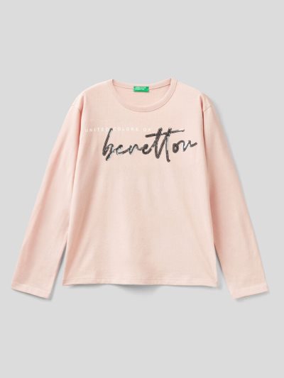 Pastel Pink Kids' Benetton Warm Cotton Sequins Long Sleeve T-shirts | AU787095