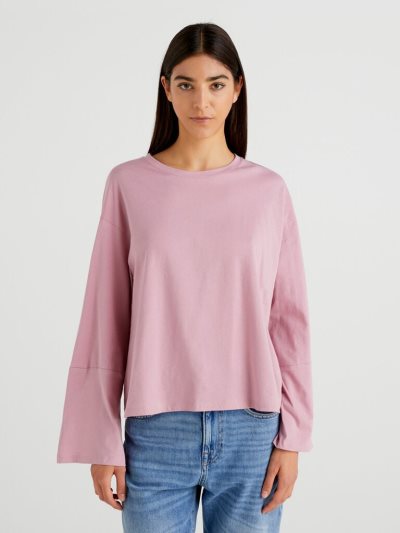 Pastel Pink Women's Benetton Wide Sleeve Long Fiber Cotton Long Sleeve T-shirts | AU283283