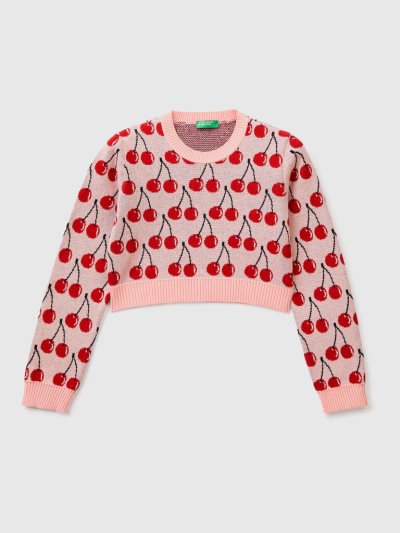 Pink Kids' Benetton Cropped Cherry Pattern Sweaters | AU544955