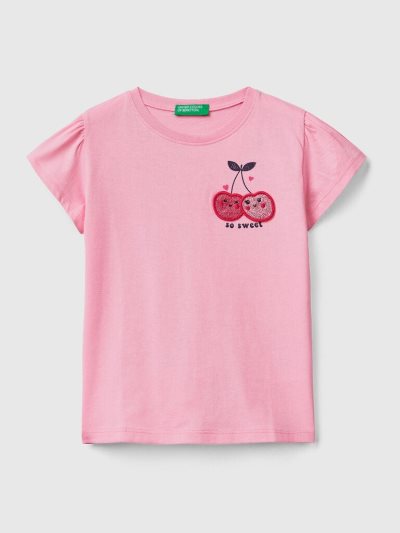Pink Kids' Benetton Glittery Print And Patch Short Sleeve T-shirts | AU429561