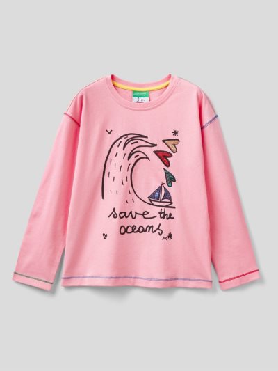 Pink Kids' Benetton Jccxucb Print Long Sleeve T-shirts | AU659196