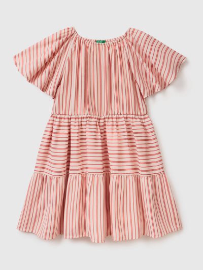 Pink Kids' Benetton Striped Flounces Dress | AU904333