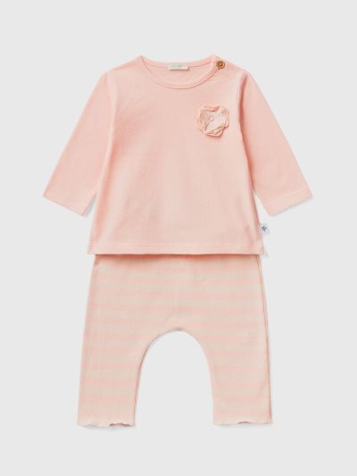 Pink Kids' Benetton T-shirt And Trousers Outfit Dungarees | AU966488