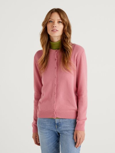 Pink Women's Benetton Crew Neck Pure Merino Wool Cardigan | AU480478