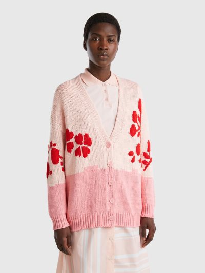 Pink Women's Benetton Floral Inlay Cardigan | AU308709