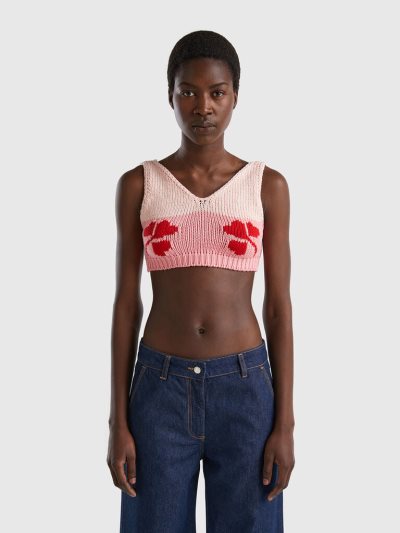 Pink Women's Benetton Floral Inlay Cropped Tanks | AU246402