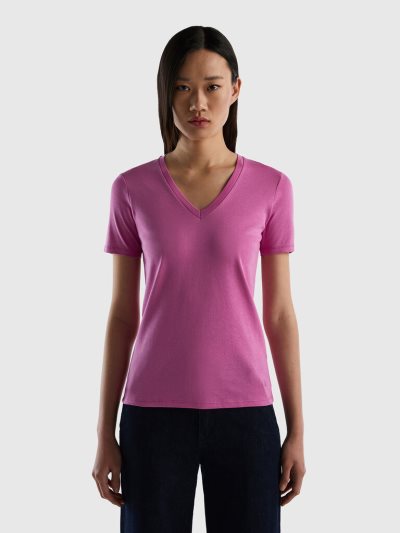 Pink Women's Benetton Pure Cotton V-neck Short Sleeve T-shirts | AU950182
