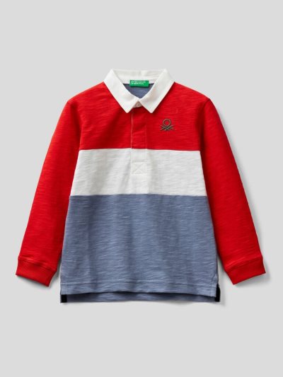Red Kids' Benetton 100% Cotton Rugby Long Sleeve Polos | AU300559