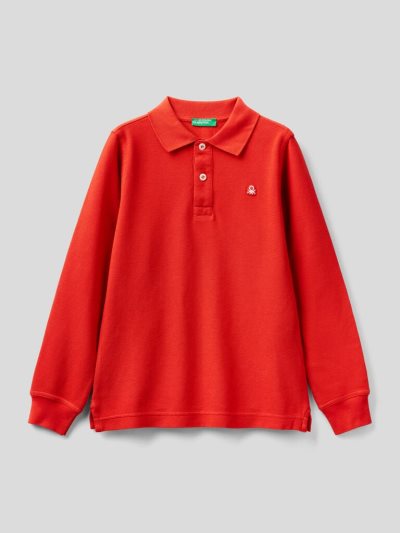 Red Kids' Benetton 100% Organic Cotton Long Sleeve Polo Shirts | AU036417
