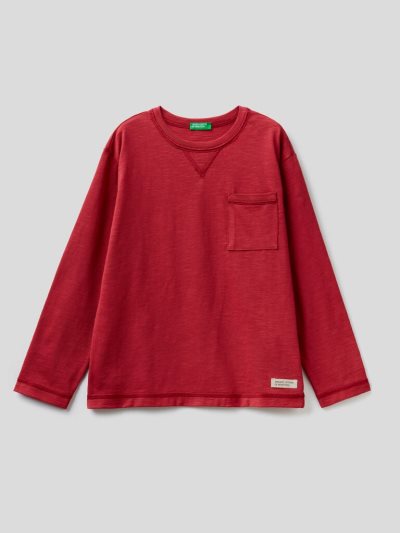 Red Kids' Benetton Breast Pocket Organic Cotton Long Sleeve T-shirts | AU233461