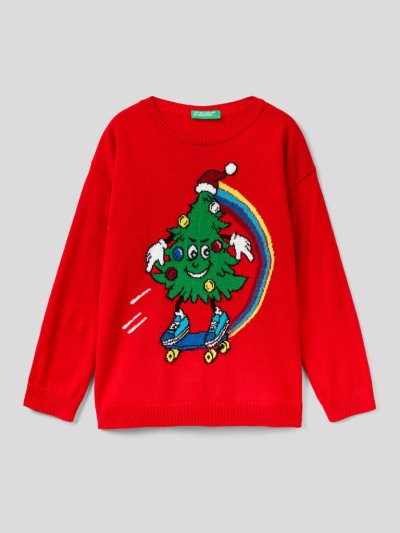 Red Kids' Benetton Christmas Inlay Sweaters | AU203100