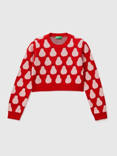 Red Kids' Benetton Cropped Pear Pattern Sweaters | AU691630