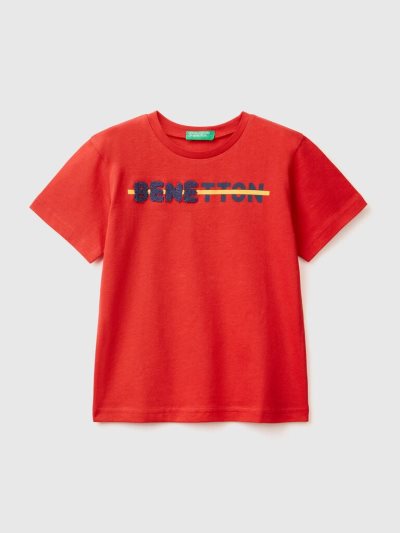 Red Kids' Benetton Print And Embroidery Short Sleeve T-shirts | AU031774