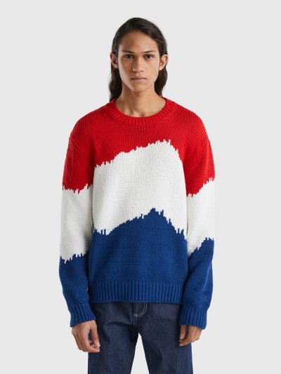 Red Men's Benetton Color Block Crew Neck Sweaters | AU853393