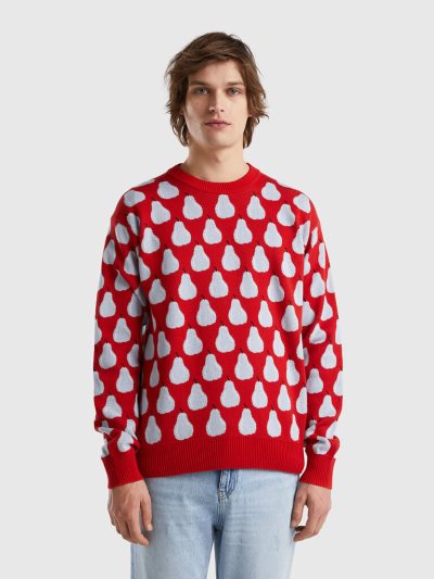 Red Men's Benetton Pear Pattern Crew Neck Sweaters | AU090330