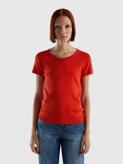Red Women's Benetton 100% Cotton Short Sleeve Sweaters | AU873380