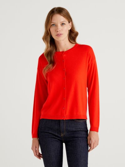 Red Women's Benetton Buttons Crew Neck Cardigan | AU837836