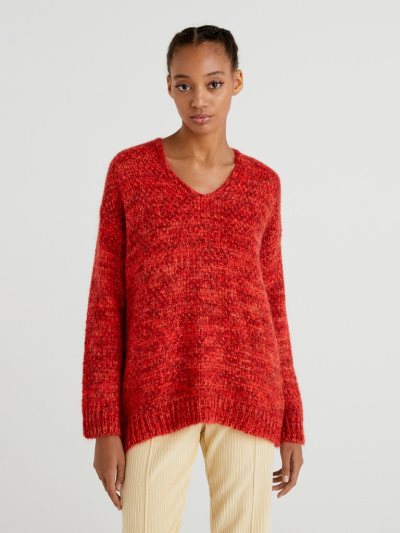 Red Women's Benetton Mohair Blend V-neck Sweaters | AU914474