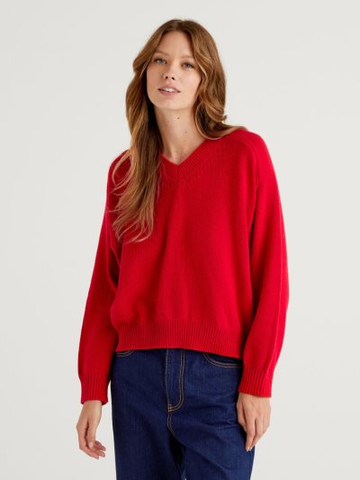 Red Women's Benetton Recycled Cotton Blend V-neck Sweaters | AU919643