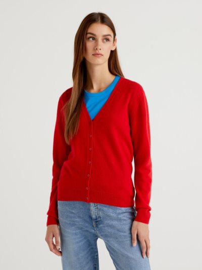 Red Women's Benetton V-neck Pure Merino Wool Cardigan | AU675773
