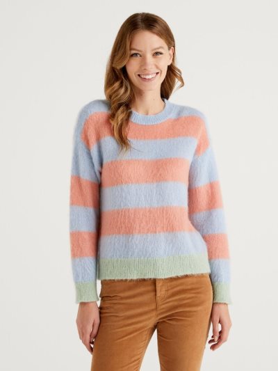 Salmon Women's Benetton Striped Mohair Blend Crew Neck Sweaters | AU063442