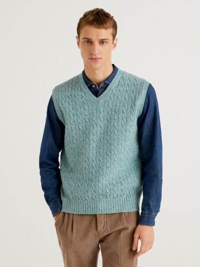 Sky Blue Men's Benetton Pure Shetland Wool Vest | AU400765