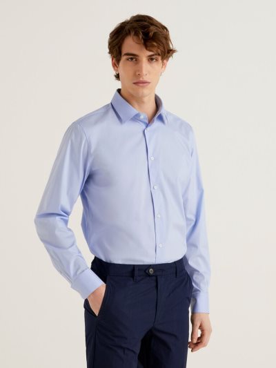 Sky Blue Men's Benetton Solid Color Slim Fit Shirts | AU051185