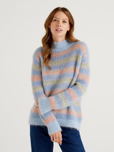 Sky Blue Women's Benetton High Neck Mohair Blend High Neck Sweaters | AU518996