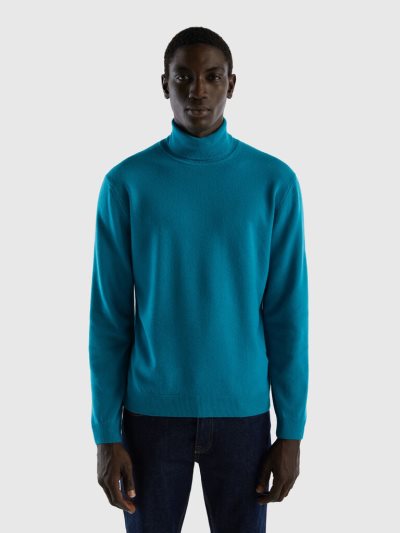 Teal Men's Benetton Pure Merino Wool Turtleneck High Neck Sweaters | AU016487