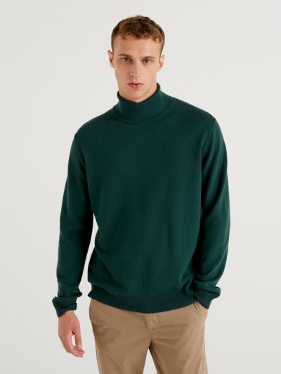 Teal Men's Benetton Pure Merino Wool Turtleneck High Neck Sweaters | AU155912
