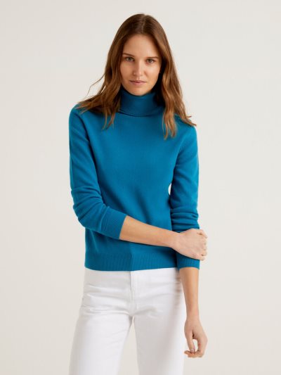 Teal Women's Benetton Pure Merino Wool Turtleneck High Neck Sweaters | AU754527
