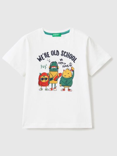 White Kids' Benetton Animal Print Short Sleeve T-shirts | AU974291