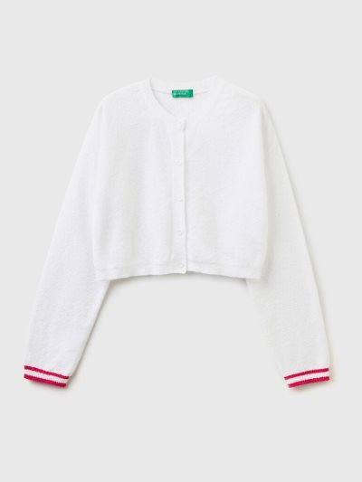 White Kids' Benetton Cropped Bouclé Yarn Cardigan | AU855617