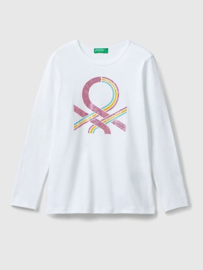 White Kids' Benetton Long Sleeve Glitter Print T Shirts | AU378621