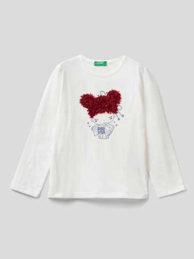 White Kids' Benetton Petal Look Applique Long Sleeve T-shirts | AU019910