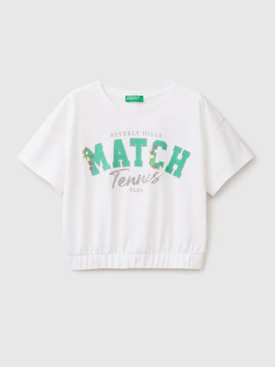 White Kids' Benetton Print And Glitter Short Sleeve T-shirts | AU822700