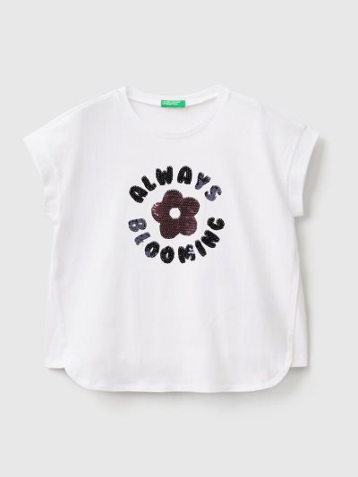 White Kids' Benetton Reversible Sequins Short Sleeve T-shirts | AU032558