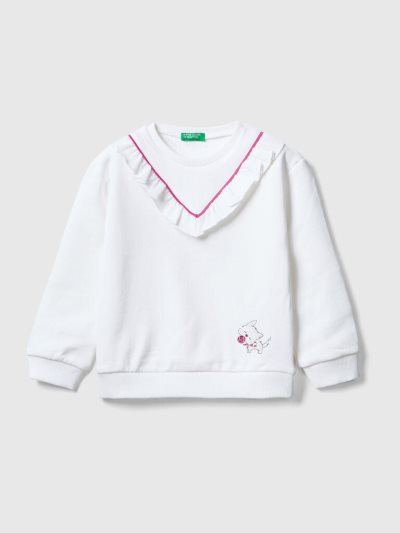 White Kids' Benetton Ruffles And Print Sweatshirt | AU489552