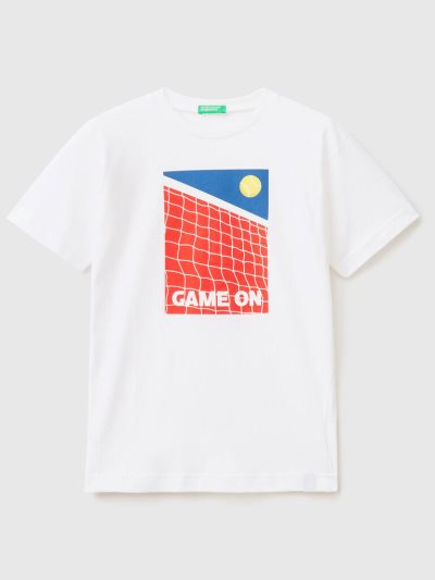 White Kids' Benetton Tennis Print Short Sleeve T-shirts | AU129781